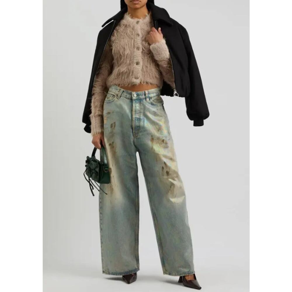 ACNE STUDIOS Kradi Textured Cardigan Faux Fur Chunky Knit Cropped Sweater Tan - Picture 15 of 16